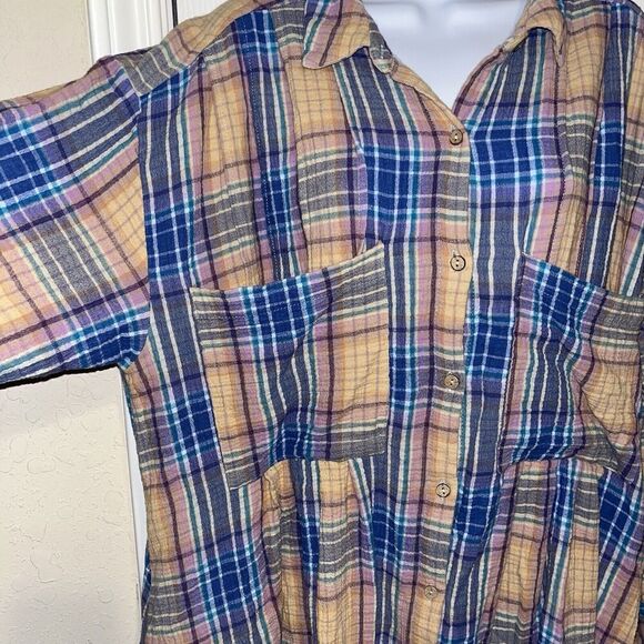 Free People (L) Voyage Shirtdress Plaid Gauzy textured in Sunrise Combo Pockets - Picture 6 of 16